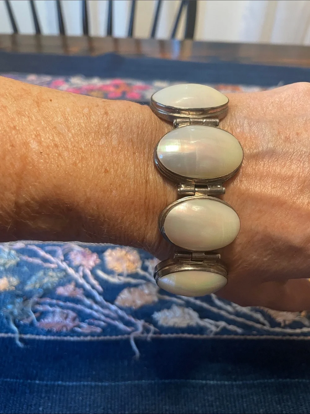 Vintage Sterling Silver Mother of Pearl Graduated Panel Link Bracelet 925